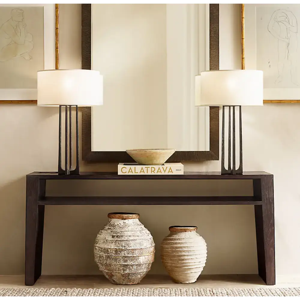 Tall Hammered Brass Table Lamp | Luxe Modern Lighting with Black Linen Shade - Lamps