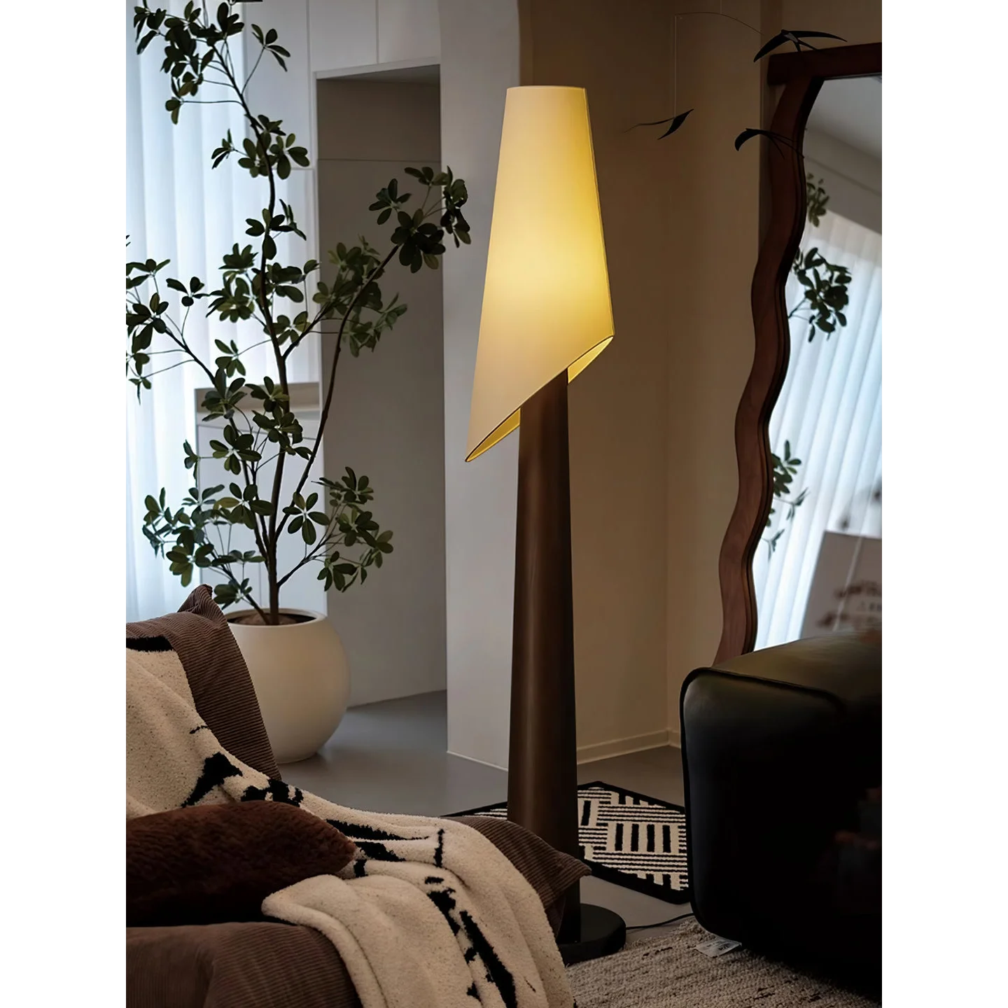 Living Room Black Ash Wood Tapered Floor Lamp – Contemporary Space Saving Accent Lighting with Warm Ambient Soft Glow