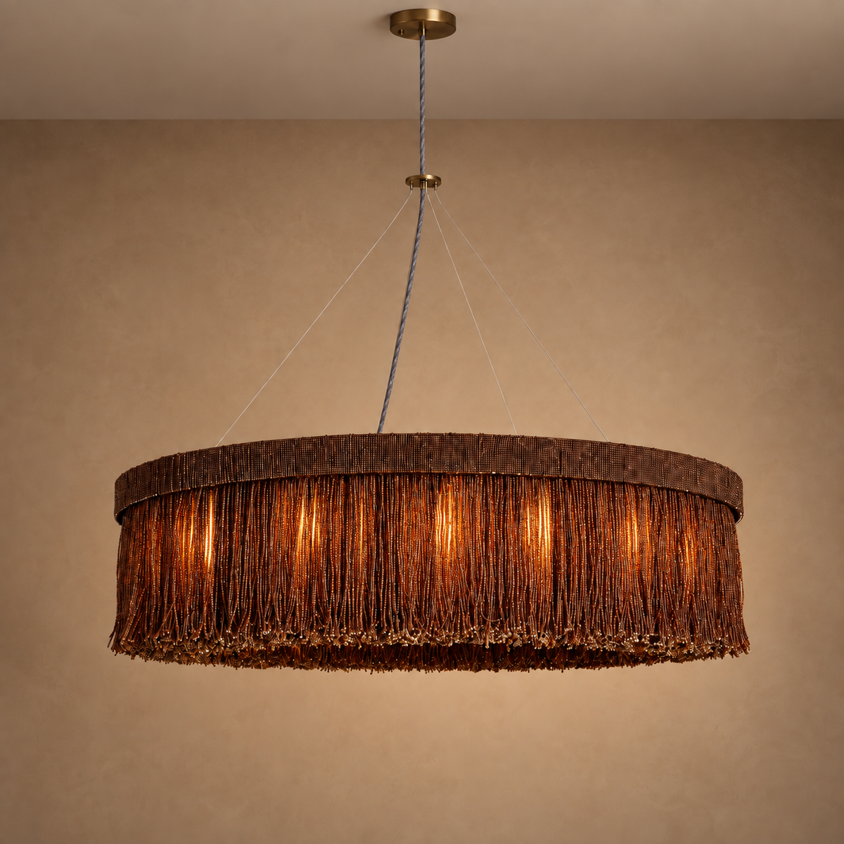 Burgundy Rattan Ring Chandelier 12 Light | Wide Shallow that Spreads Without Hanging Low Casalola Lights Luxury Lamps