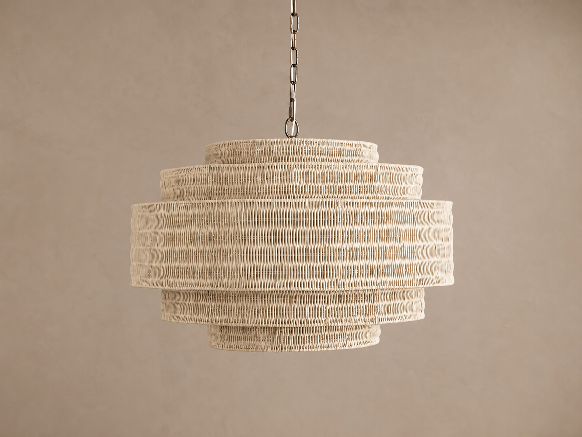 Beige Rattan Chandelier Tiered Woven Drum | Coastal Ceiling Light for Living Room Small or Large Casalola Lights Luxury