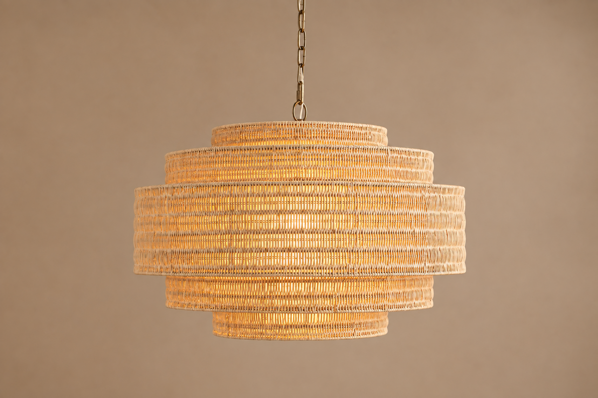Beige Rattan Chandelier Tiered Woven Drum | Coastal Ceiling Light for Living Room Small or Large Casalola Lights Luxury