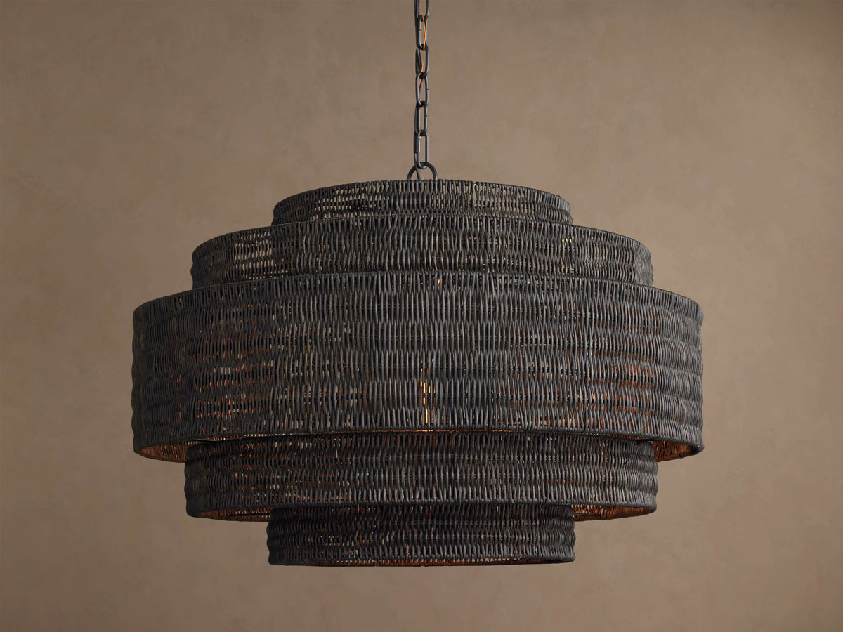 Black Rattan Chandelier Tiered Woven Drum | Modern Boho Light Fixture for a Dining Room Two Sizes Casalola Lights