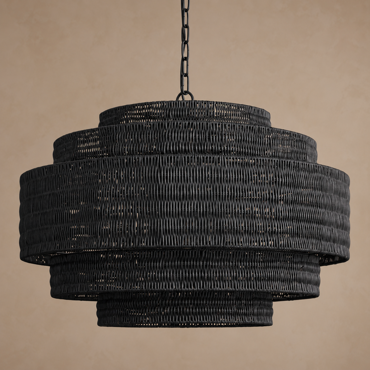 Black Rattan Chandelier Tiered Woven Drum | Modern Boho Light Fixture for a Dining Room Two Sizes Casalola Lights