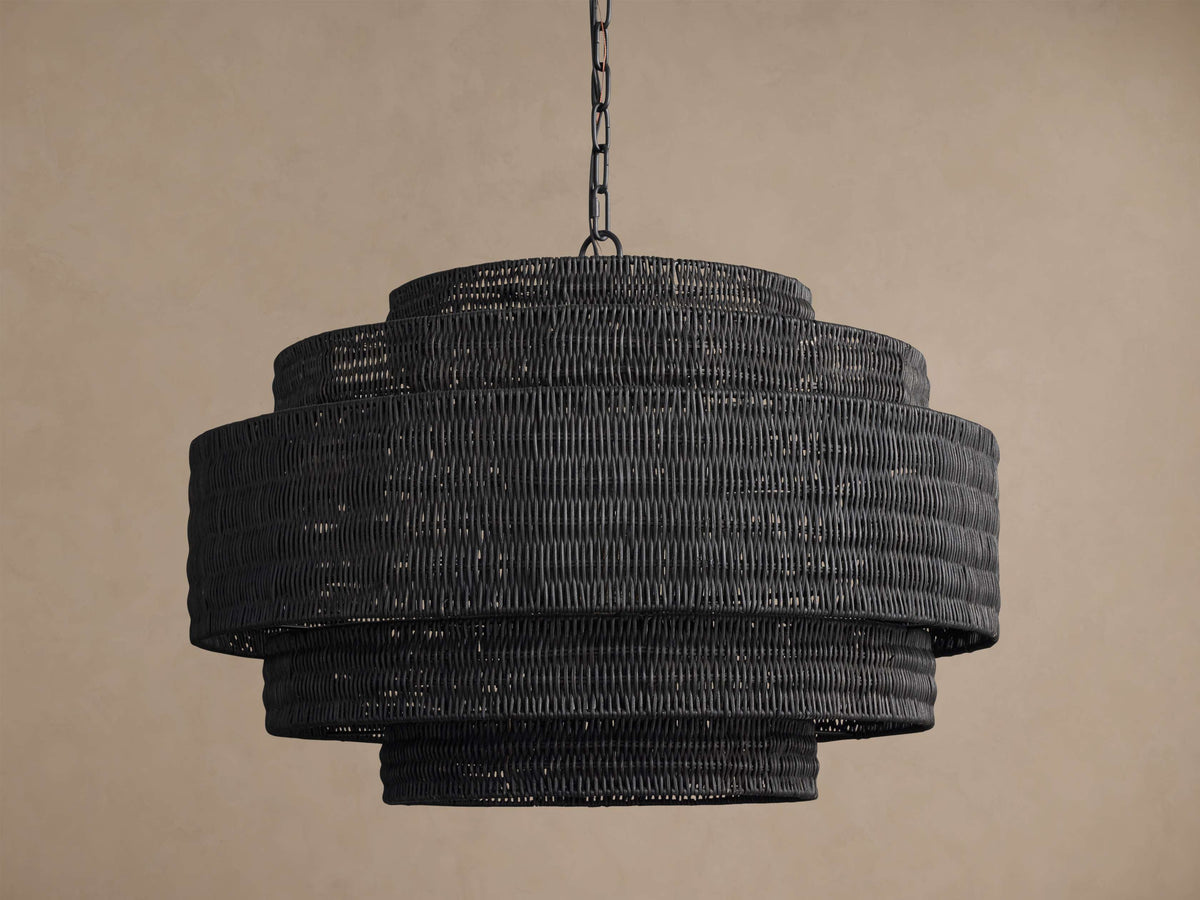 Black Rattan Chandelier Tiered Woven Drum | Modern Boho Light Fixture for a Dining Room Two Sizes Casalola Lights