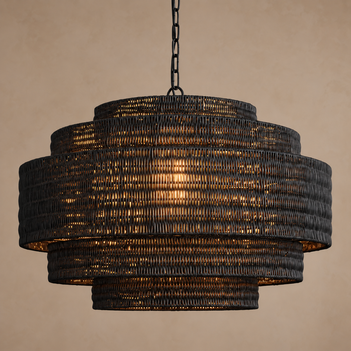 Black Rattan Chandelier Tiered Woven Drum | Modern Boho Light Fixture for a Dining Room Two Sizes Casalola Lights