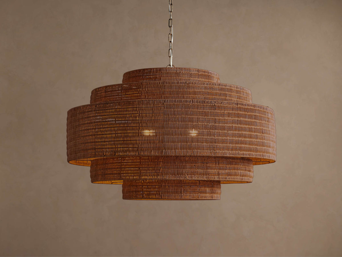 Rattan Chandelier for Dining Room Cognac Tiered Woven Drum | Large Boho Light Fixture Custom Chain Casalola Lights