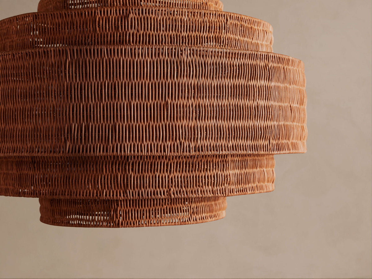 Rattan Chandelier for Dining Room Cognac Tiered Woven Drum | Large Boho Light Fixture Custom Chain Casalola Lights
