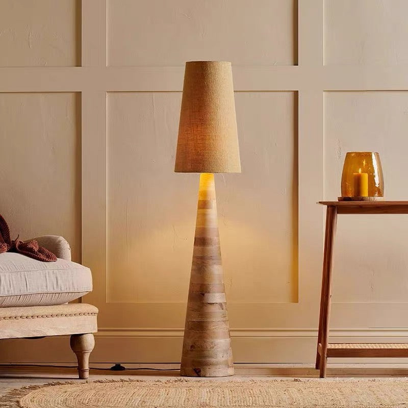 Solid Wood Totem Floor Lamp Conical Base Linen Shade Japandi Wabi Sabi 137cm Casalolalights Luxury Lamps for Interior