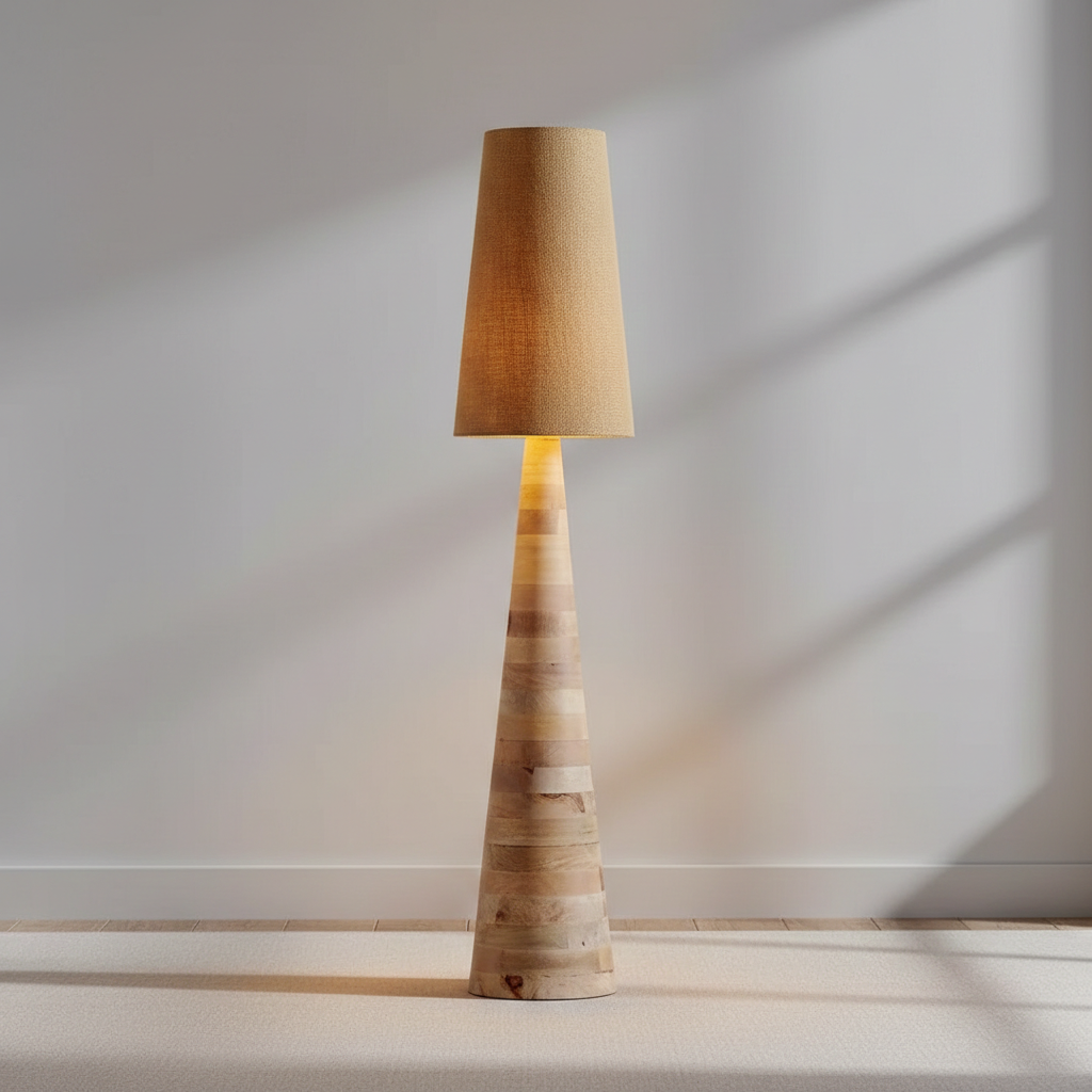 Solid Wood Totem Floor Lamp Conical Base Linen Shade Japandi Wabi Sabi 137cm Casalolalights Luxury Lamps for Interior