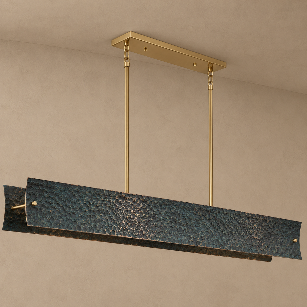 Blue Cast Copper Linear Chandelier for Kitchen Island | Brutalist Cratered Relief Dimmable Custom Rod Casalola Lights