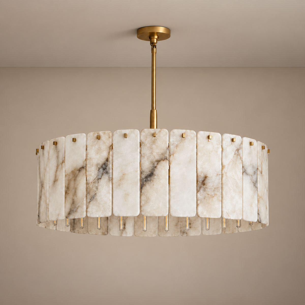 Large Genuine Alabaster Drum Chandelier Brass | Great Room or Foyer Custom Rod Heavy Duty Mount Casalola Lights Luxury