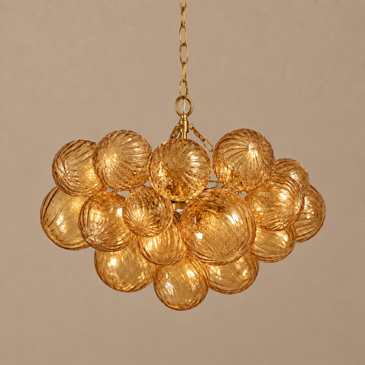 Amber Ribbed Glass Globe Cluster Chandelier Brass | Long Chain Standard for a High Ceiling Two Sizes Casalola Lights