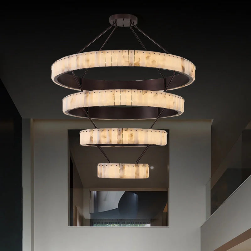 Tiered Alabaster Spiral Chandelier | Grand Stairwell Statement Light