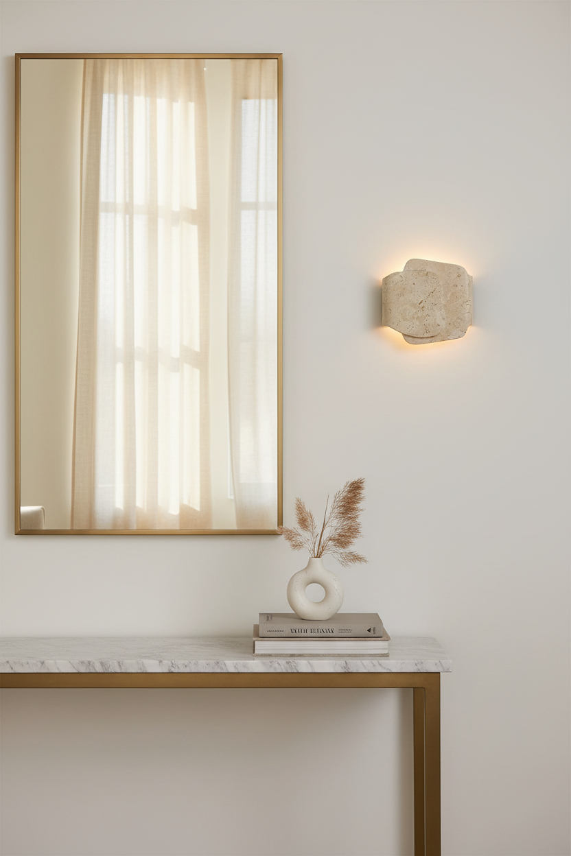 Compact travertine wall light in a hallway