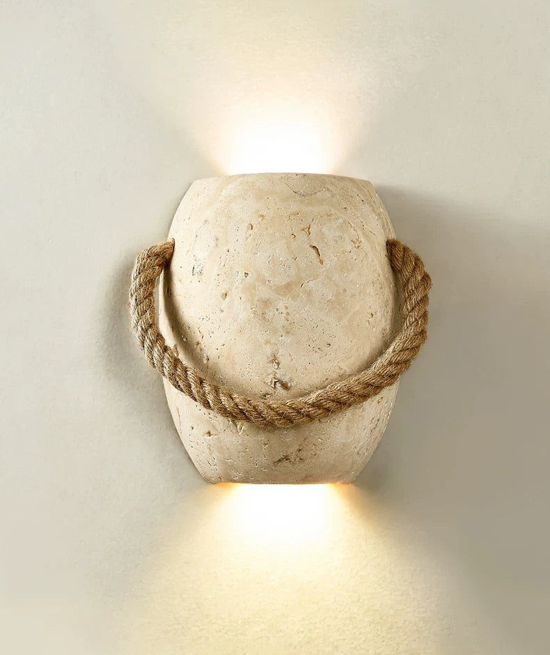 Genuine Travertine & Rope Wall Sconce | Low Profile Hallway Up Light Staircase Coastal Casalola Lights Luxury Lamps