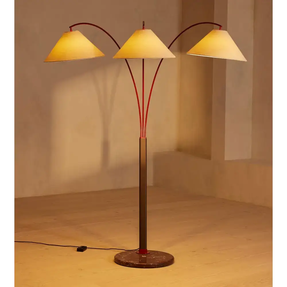 Triple Arm Linen & Marble Floor Lamp | Mid-century Modern Design - Lamps