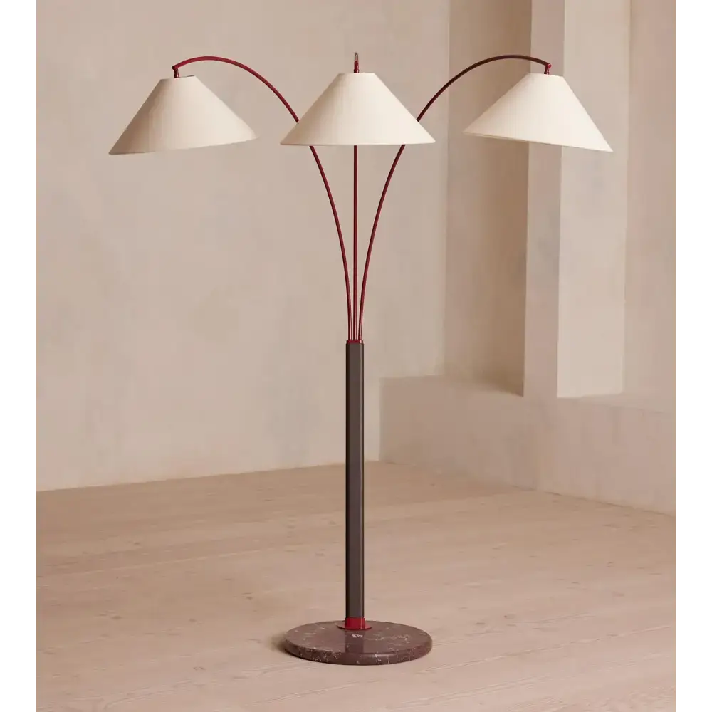 Triple Arm Linen & Marble Floor Lamp | Mid-century Modern Design - Lamps