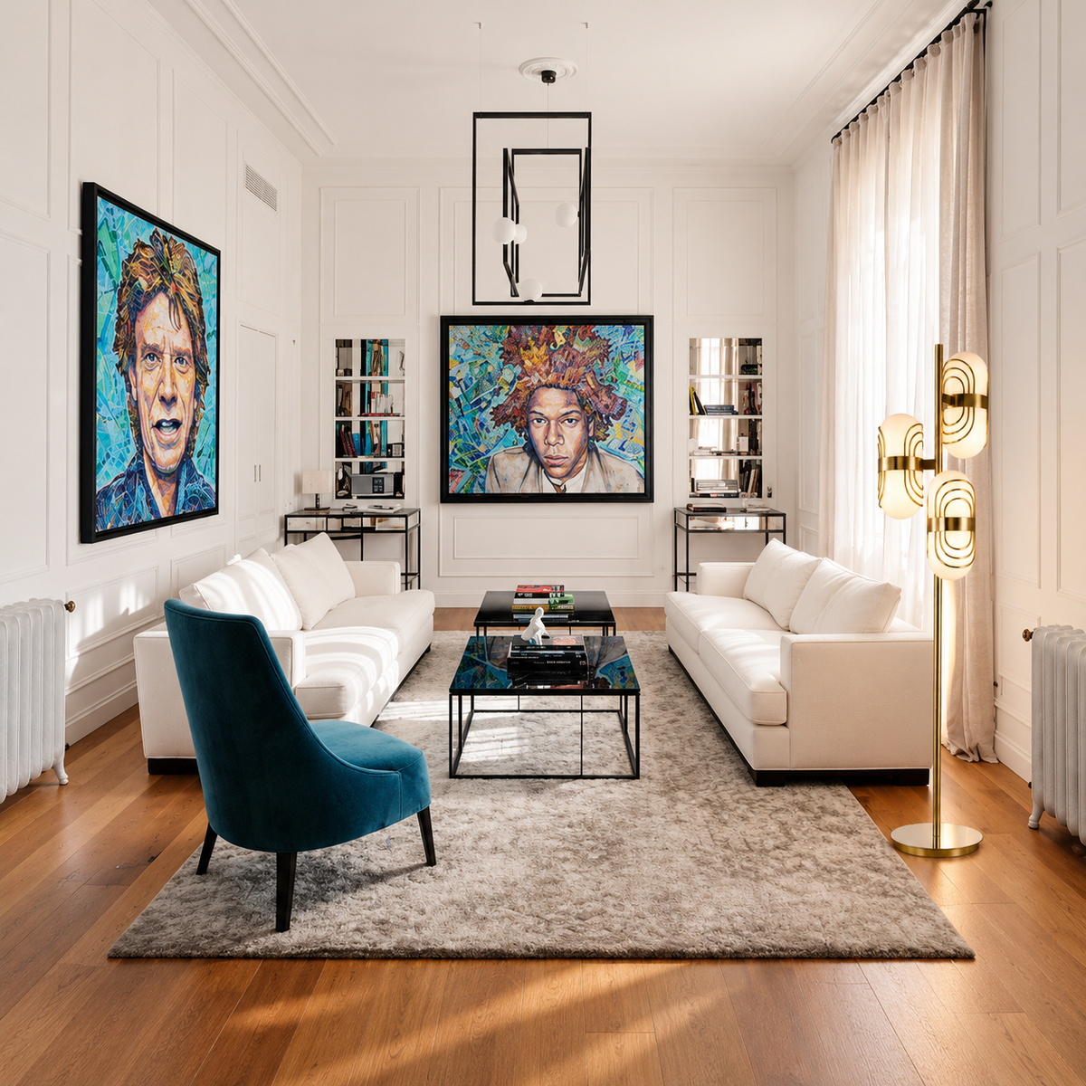 Tris floor lamp beside a white sofa in a panelled living room with colourful portraits.