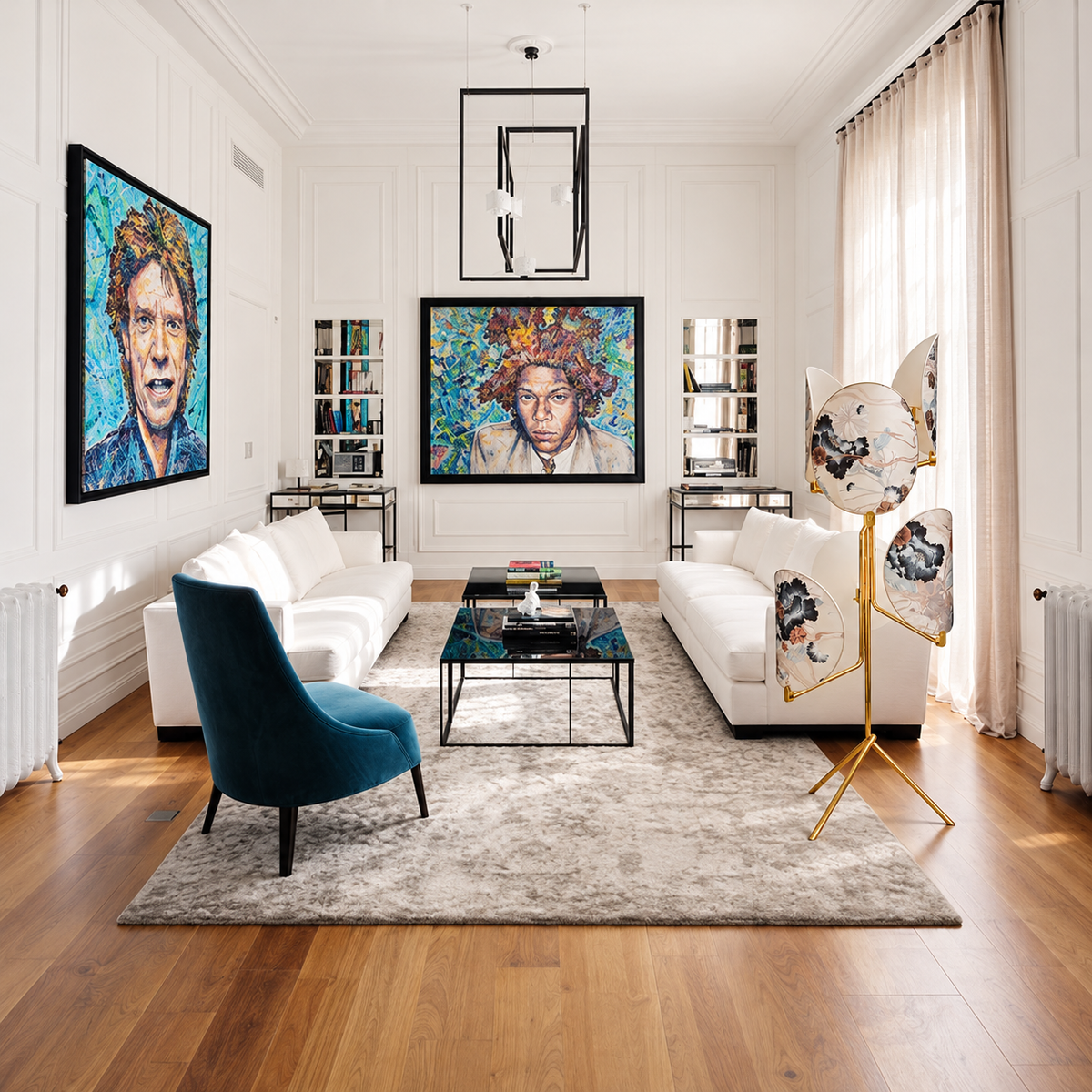Twig botanical floor lamp beside a white sofa in a bright room with portrait paintings.