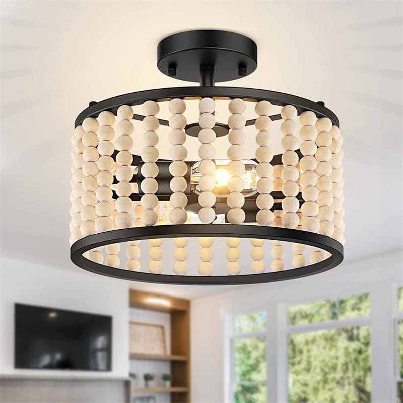 Vintage Ceiling Lamp | Wooden Bead Chandelier | Cottagecore for Bedroom Living Room Hallway - Semi-flush Mounts