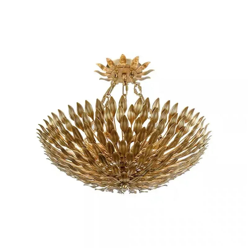 Hand Forged Gilded Leaf Flush Chandelier | Vintage Brass Nest Ceiling Light for Boutique Interiors