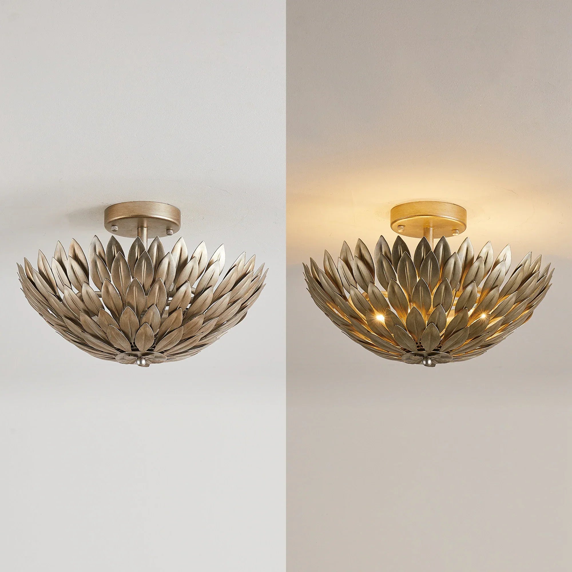 Hand Forged Gilded Leaf Flush Chandelier | Vintage Brass Nest Ceiling Light for Boutique Interiors
