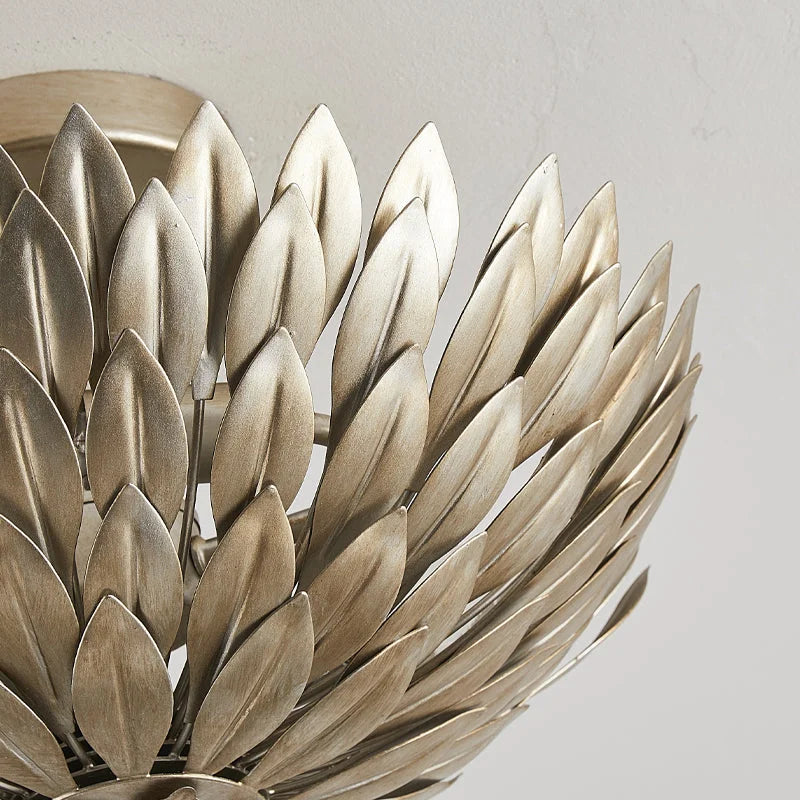 Hand Forged Gilded Leaf Flush Chandelier | Vintage Brass Nest Ceiling Light for Boutique Interiors