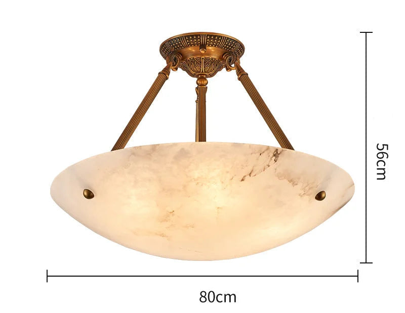 Round Alabaster Bowl Semi Flush Mount | Vintage Brass Suspension Light for Gallery Ceilings