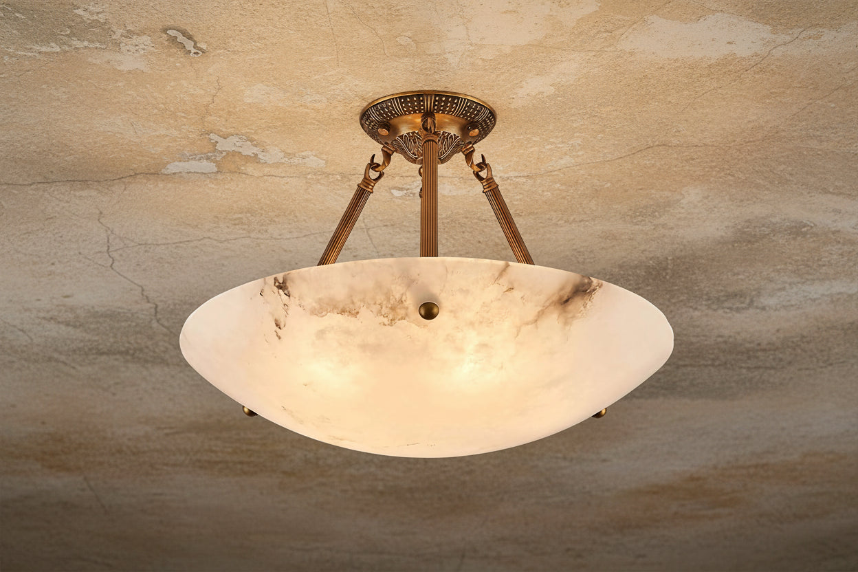 Round Alabaster Bowl Semi Flush Mount | Vintage Brass Suspension Light for Gallery Ceilings