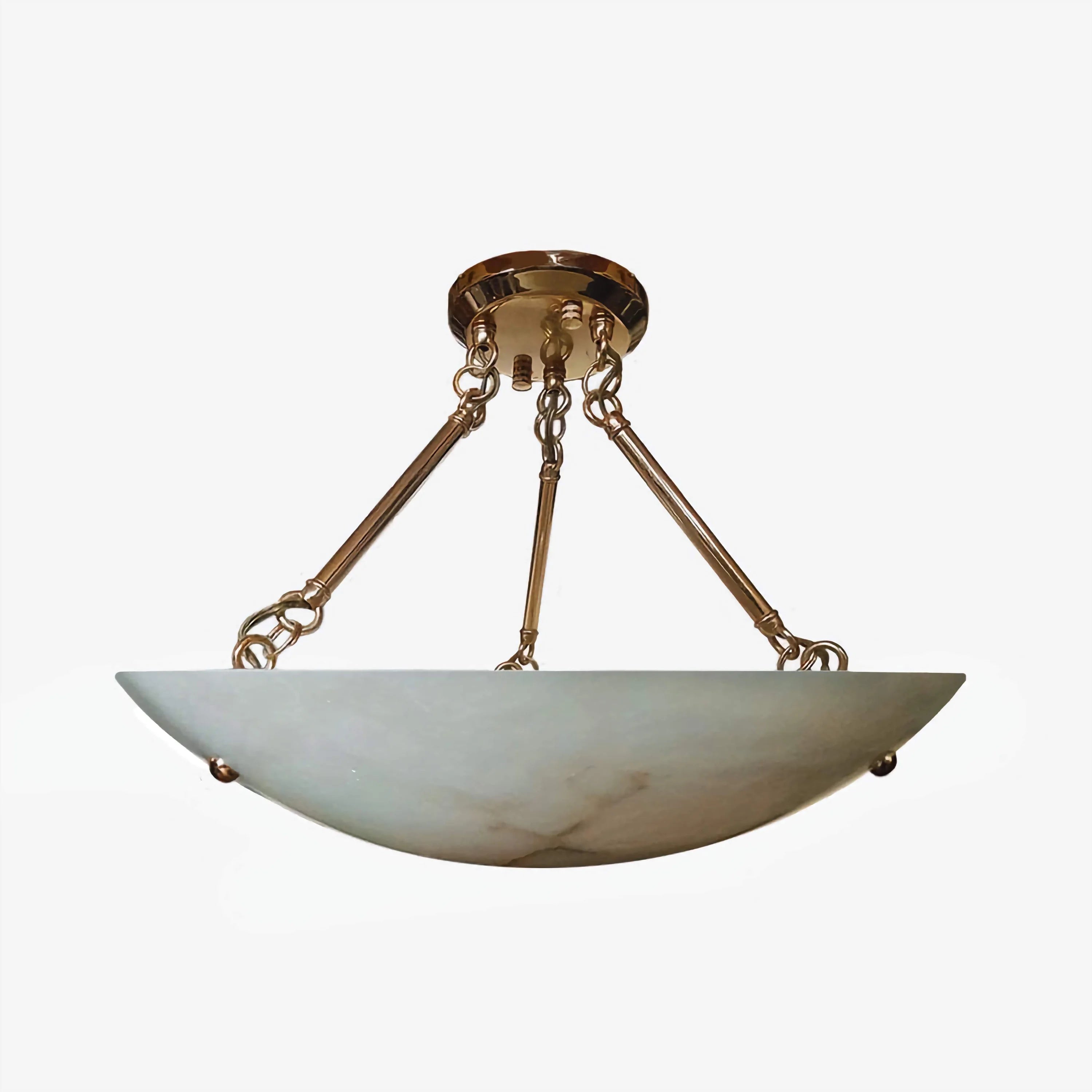 Round Alabaster Bowl Semi Flush Mount | Vintage Brass Suspension Light for Gallery Ceilings