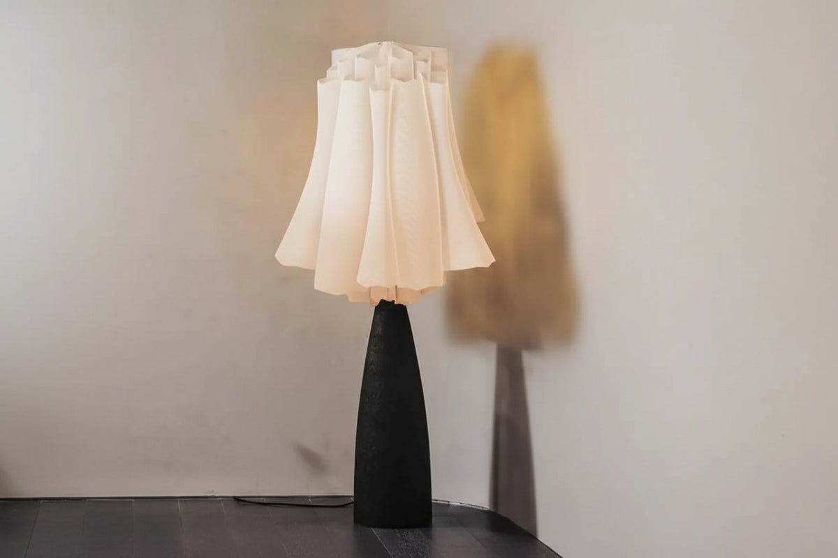 Ebonized Wood Floor Lamp Pleated Linen Shade | Low 137cm Bedside Light E27 Wabi Sabi Warm 2700k Casalola Lights Luxury