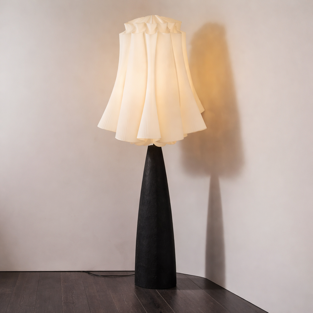 Ebonized Wood Floor Lamp Pleated Linen Shade | Low 137cm Bedside Light E27 Wabi Sabi Warm 2700k Casalola Lights Luxury