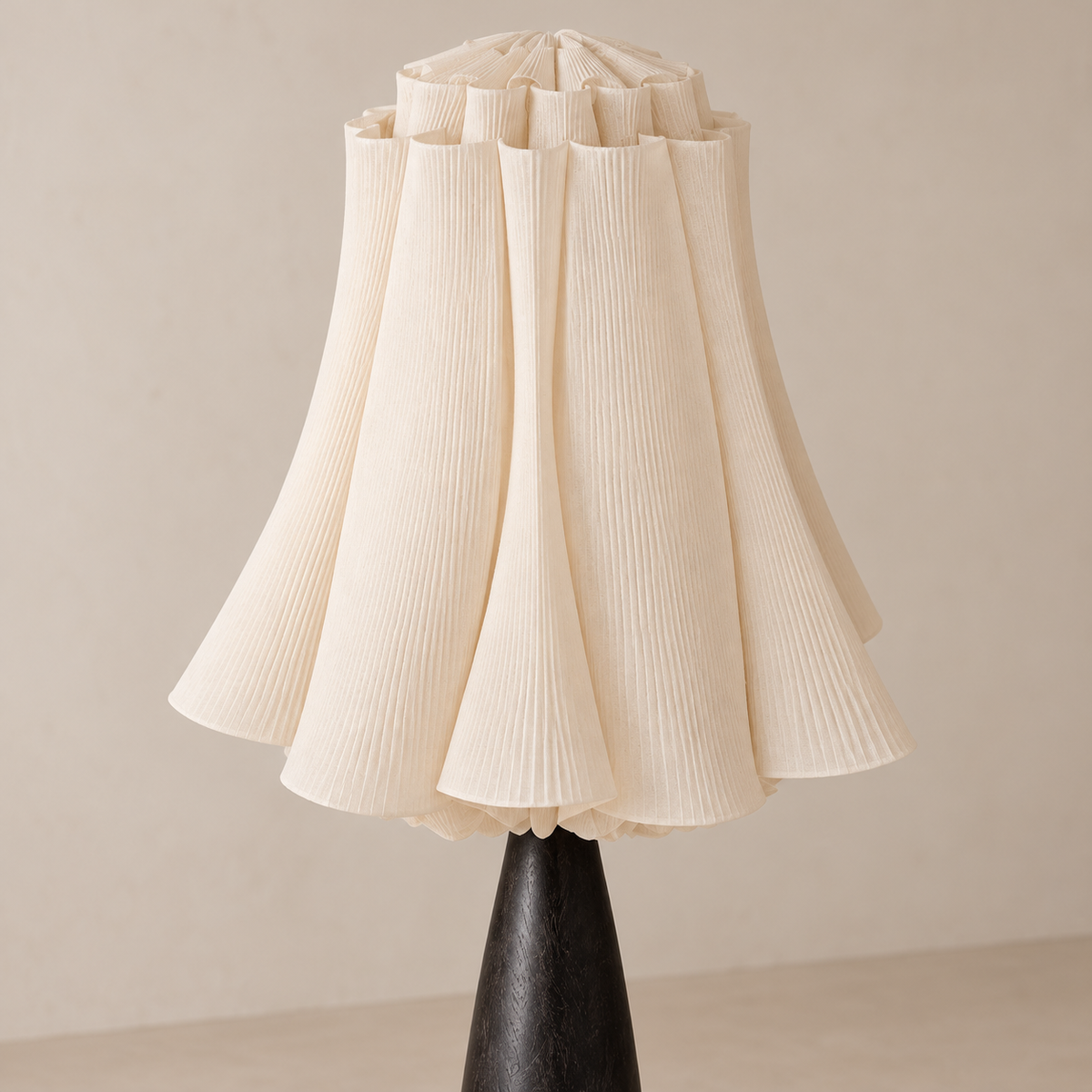 Close view of Viterbo’s layered linen shade, showing fine pleats and its ruffled top.