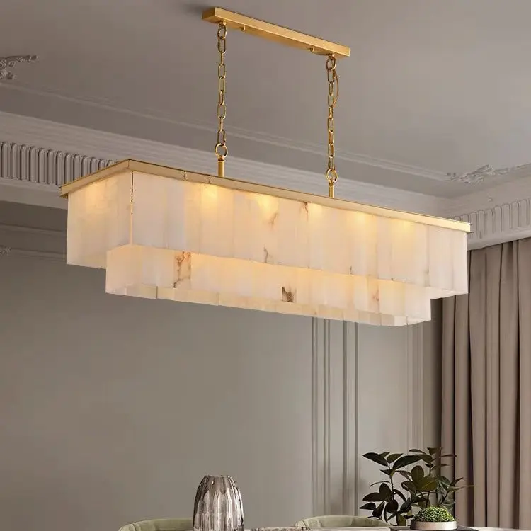 Genuine Alabaster Linear Chandelier | 41’’ Art Deco Dining Light | Solid Copper & Velvet Detail | Casalola Lights