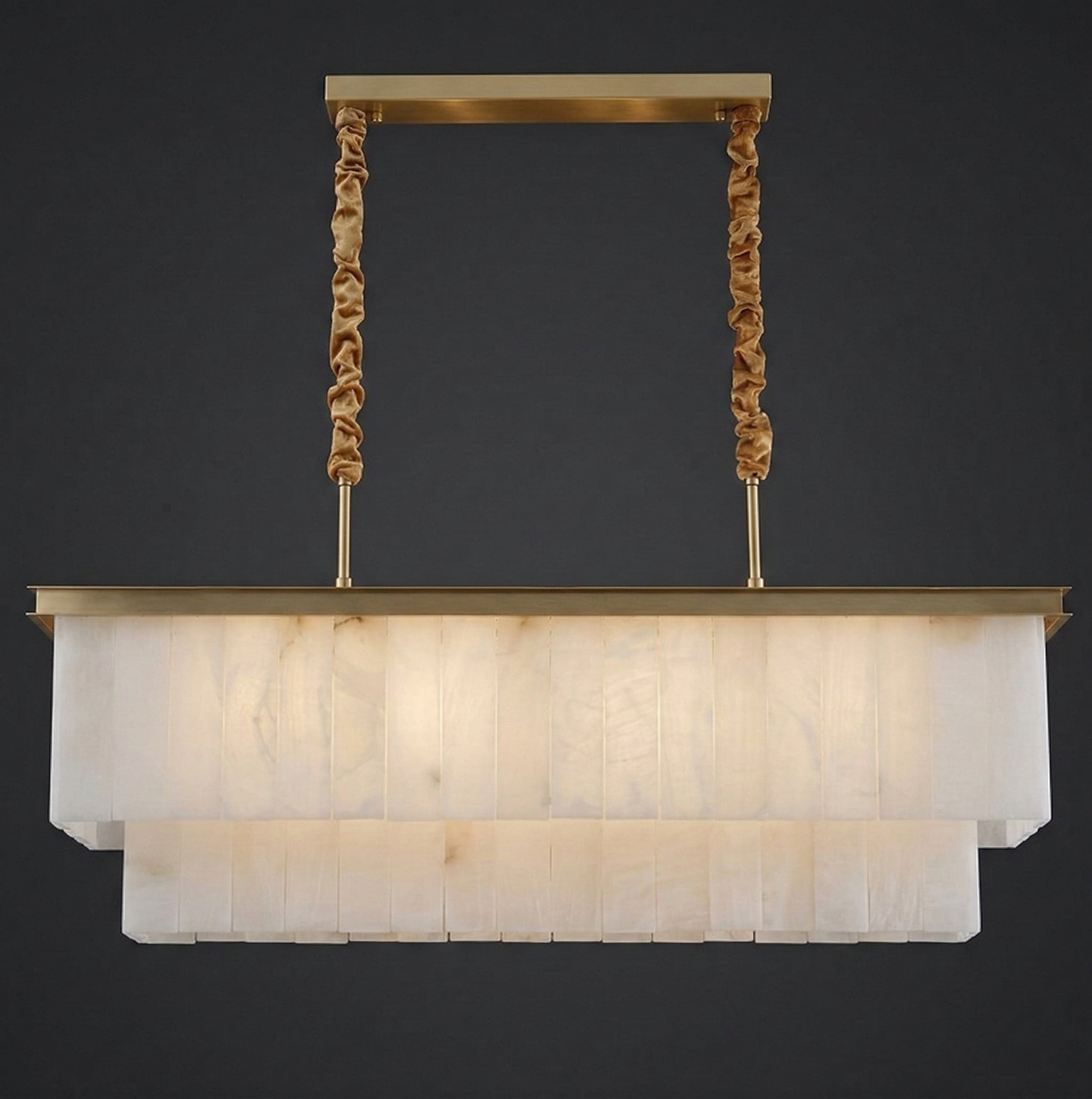 Genuine Alabaster Linear Chandelier | 41’’ Art Deco Dining Light | Solid Copper & Velvet Detail | Casalola Lights