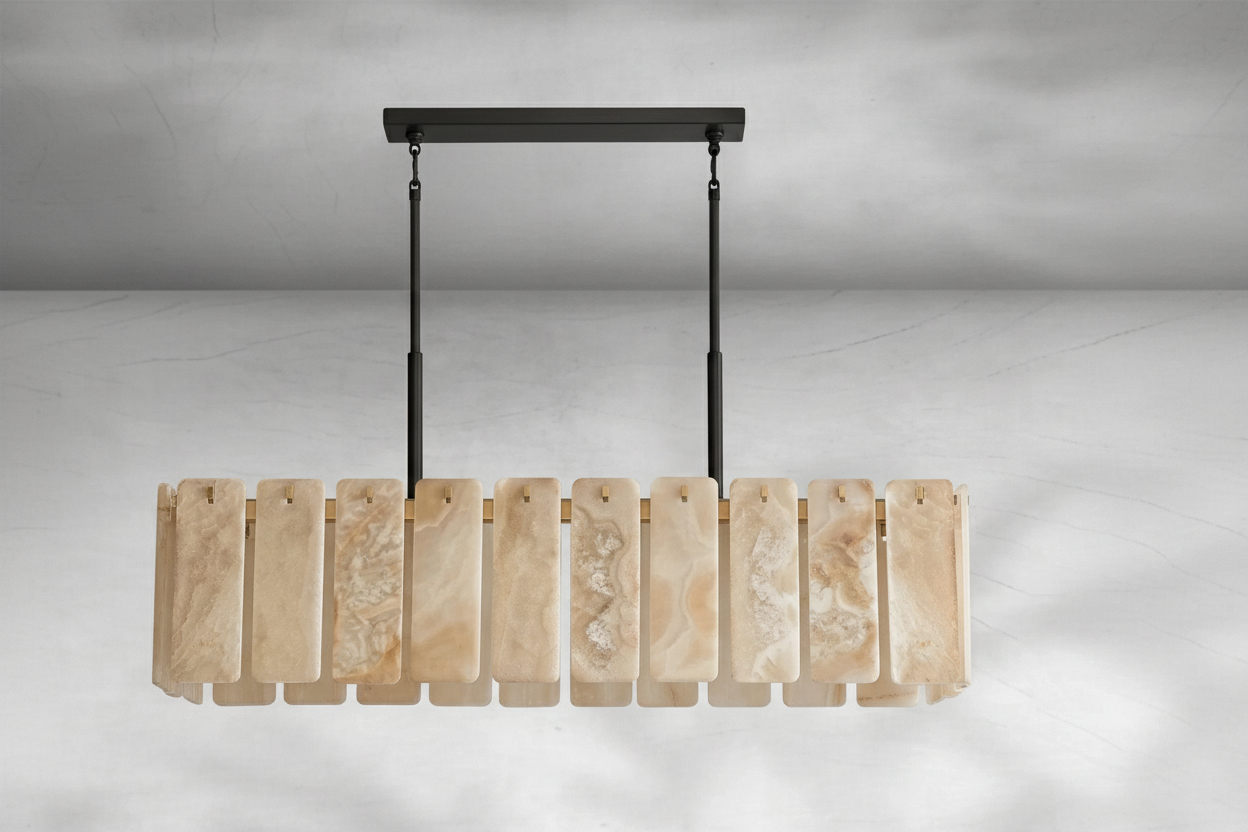 Solid Copper Linear Chandelier | Natural Alabaster Panels | 152cm - 183cm Dining Light | Real Stone | Casalola Lights