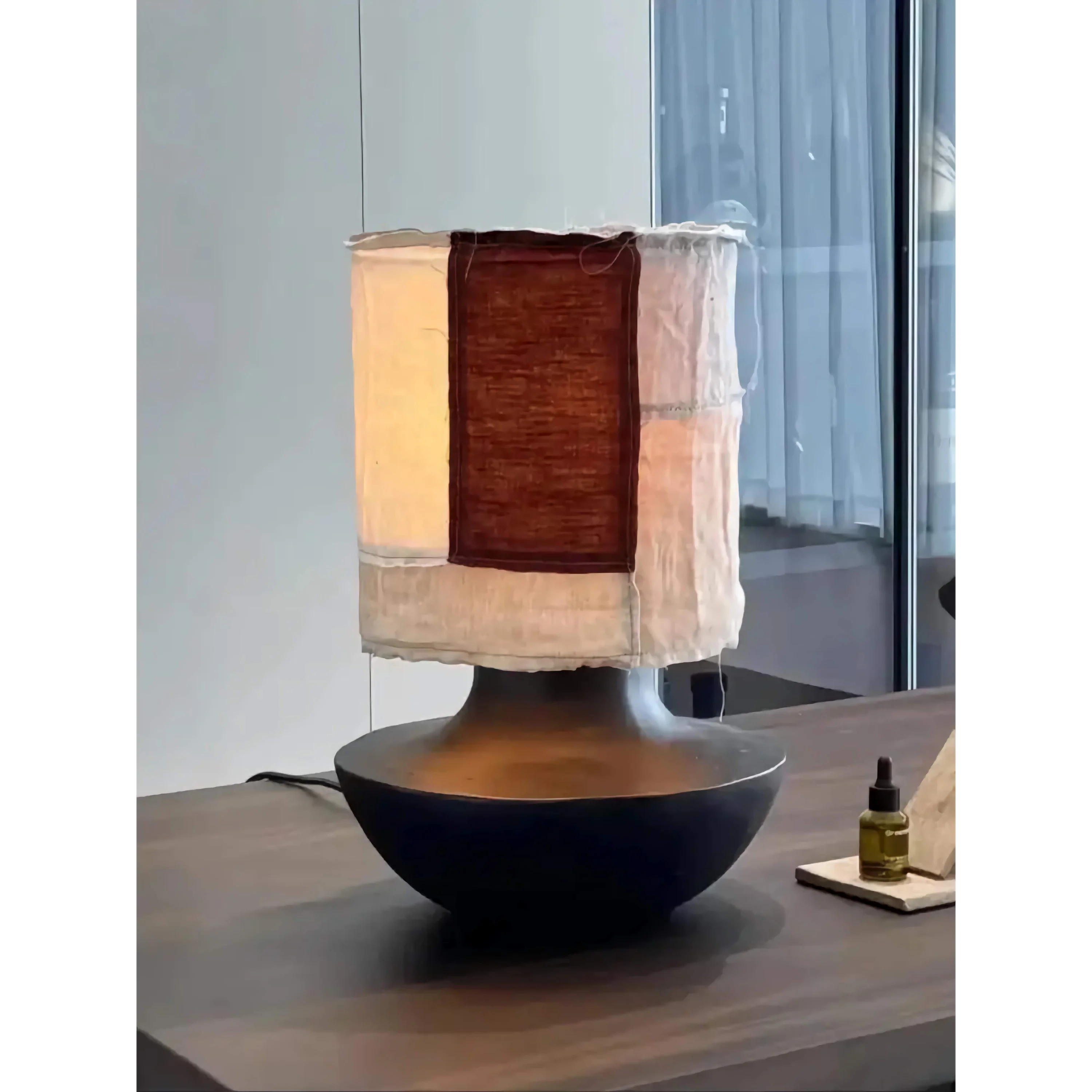 Wabi-sabi Ceramic Table Lamp | Hand-dyed Fabric Shade Wood for Bedroom Living Room Casalolalights Luxury Lamps