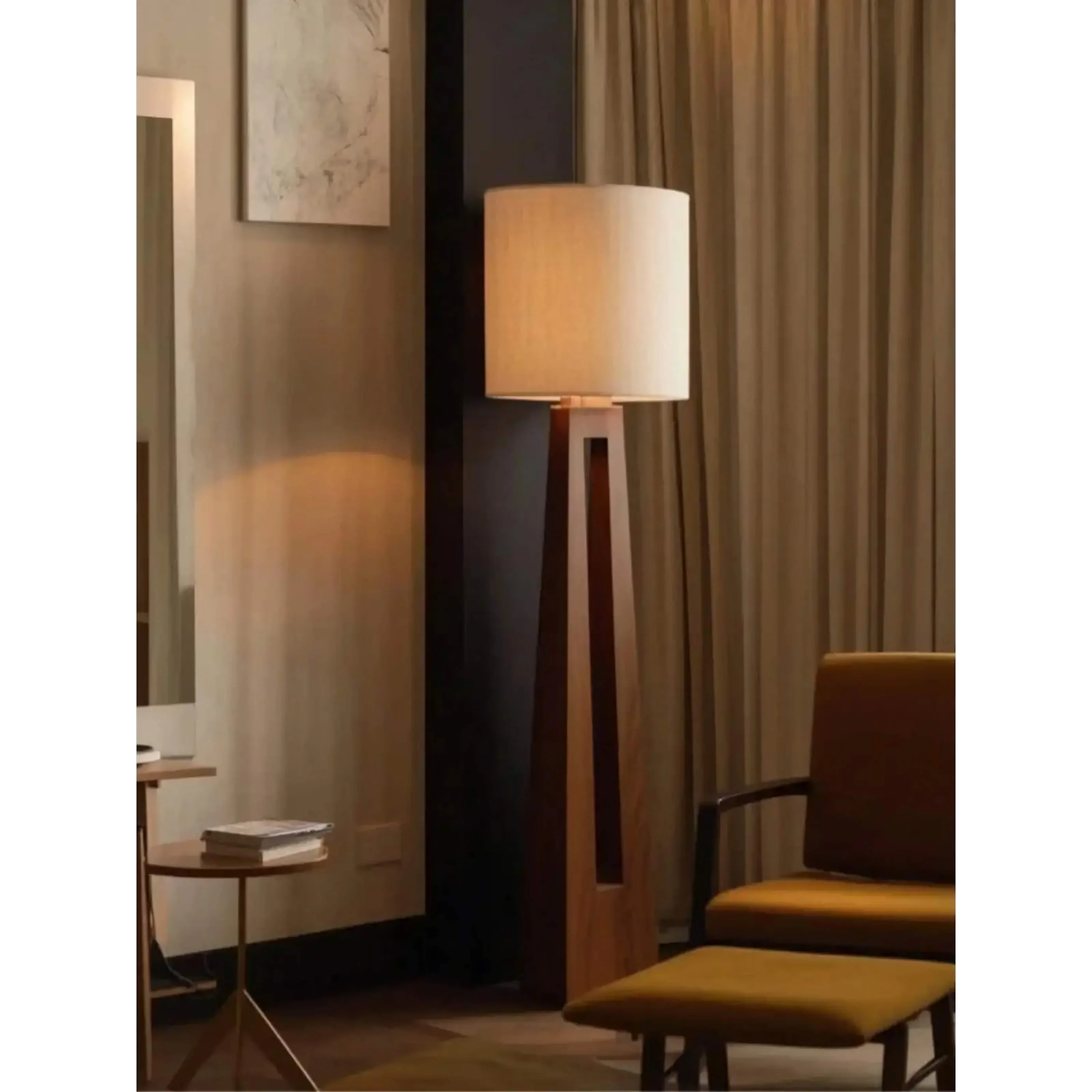 Living Room Walnut Split Column Floor Lamp – Mid Century Minimalist Accent Lighting with Warm Linen Shade Glow