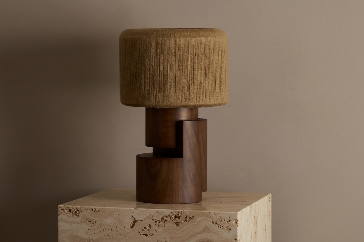 Walnut and Natural Fibre Table Lamp for Bedroom Console | Hand Wrapped Shade Wabi Sabi Casalola Lights Luxury Lamps