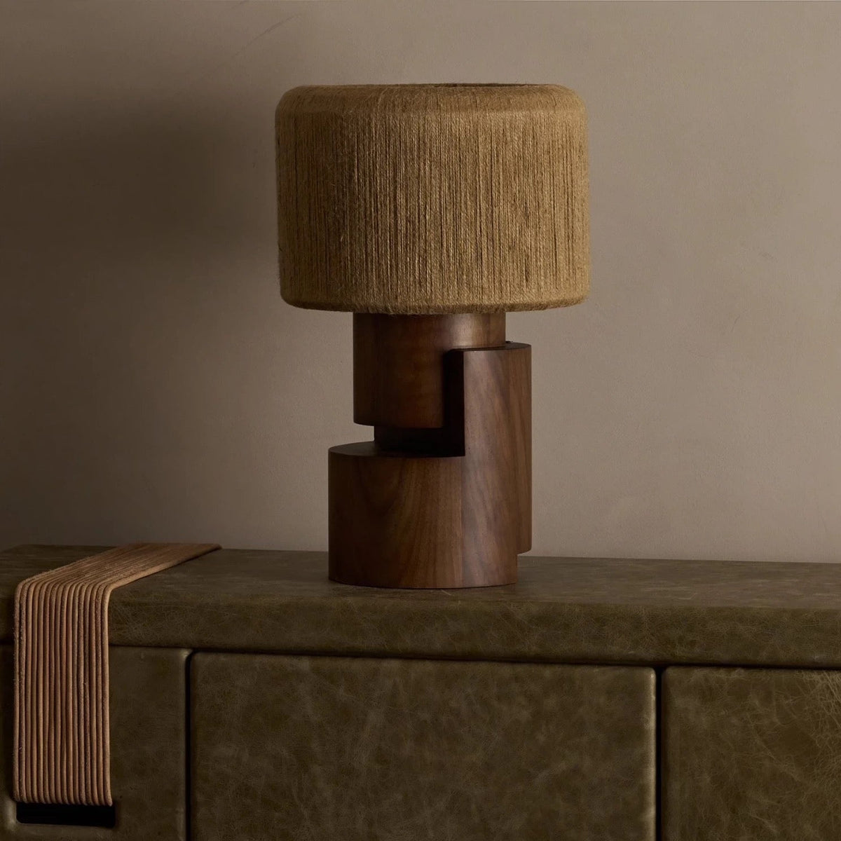 Walnut and Natural Fibre Table Lamp for Bedroom Console | Hand Wrapped Shade Wabi Sabi Casalola Lights Luxury Lamps
