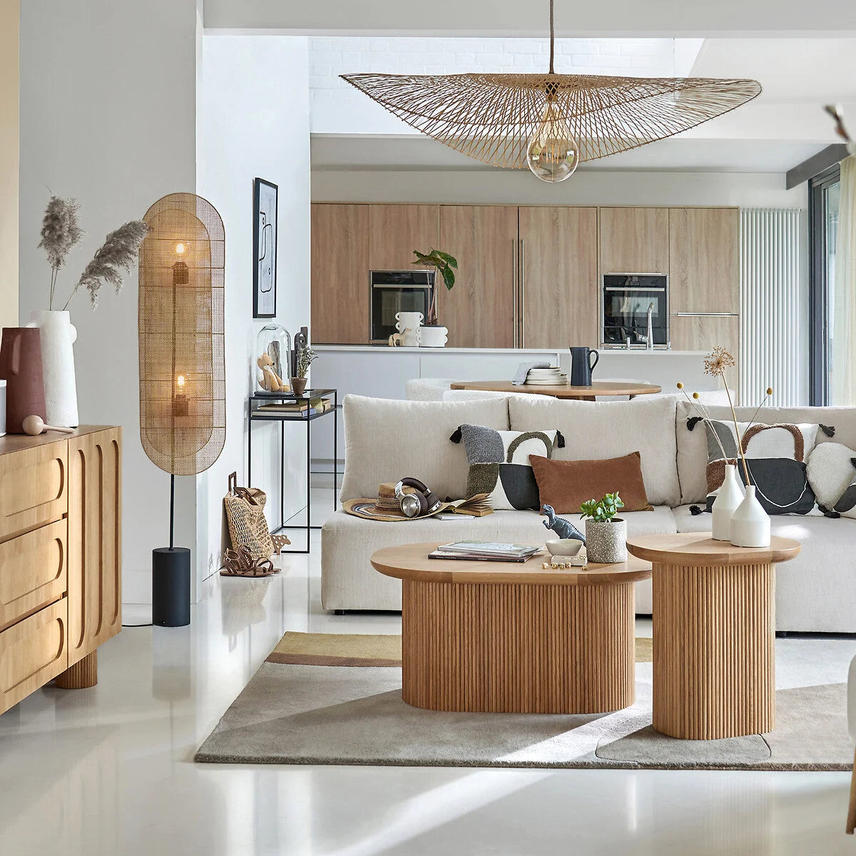 Wabi Sabi Floor Lamp in Woven Rattan for Living Room – Sculptural Lighting with Warm Ambient Glow