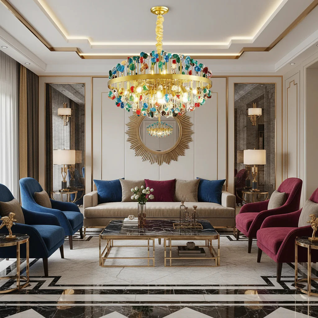 Multicolor Glass Stone Chandelier in Gold Iron | Luxury Modern Ceiling Light for Dining Room & Living Casalolalights