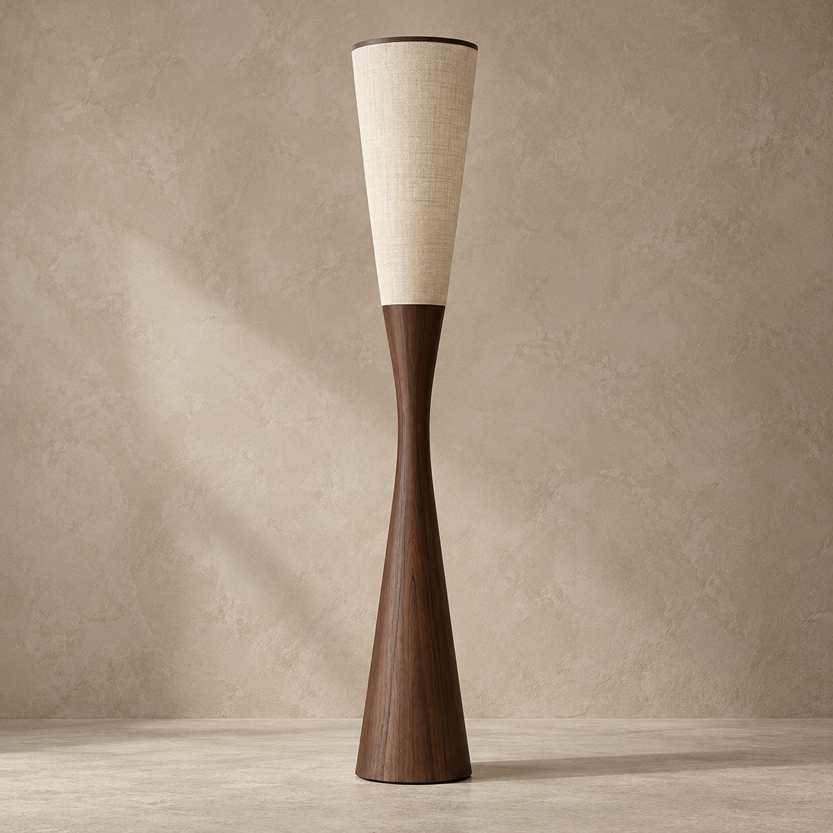 Wood floor lamp CLGHYTS256D switched off, showing its hourglass body and tapered linen shade.