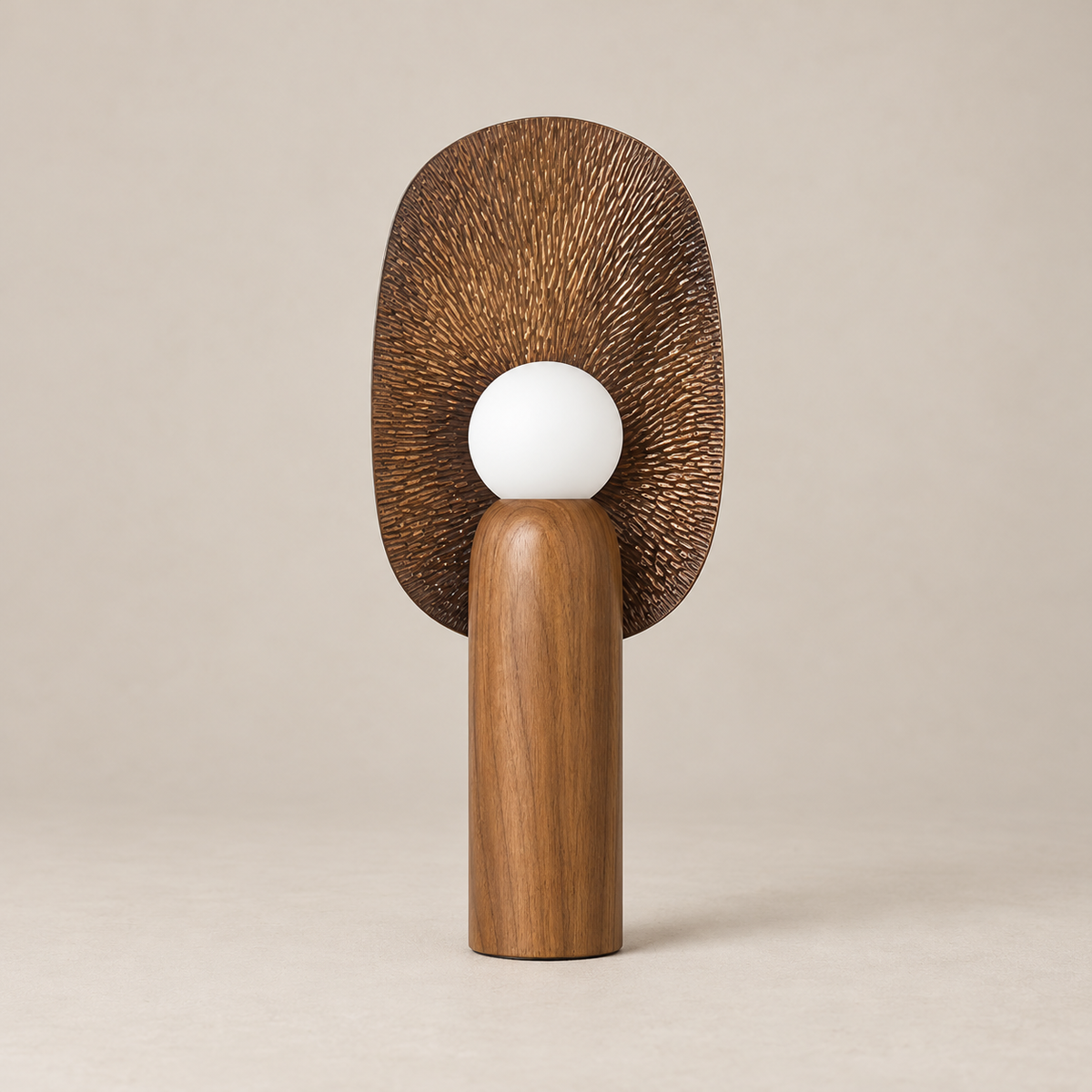 Brown reflector wood table lamp switched off