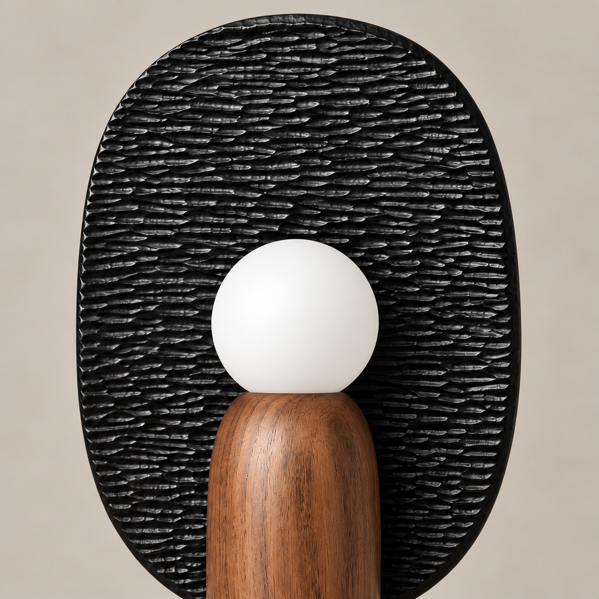 Black textured reflector, globe and wood base detail