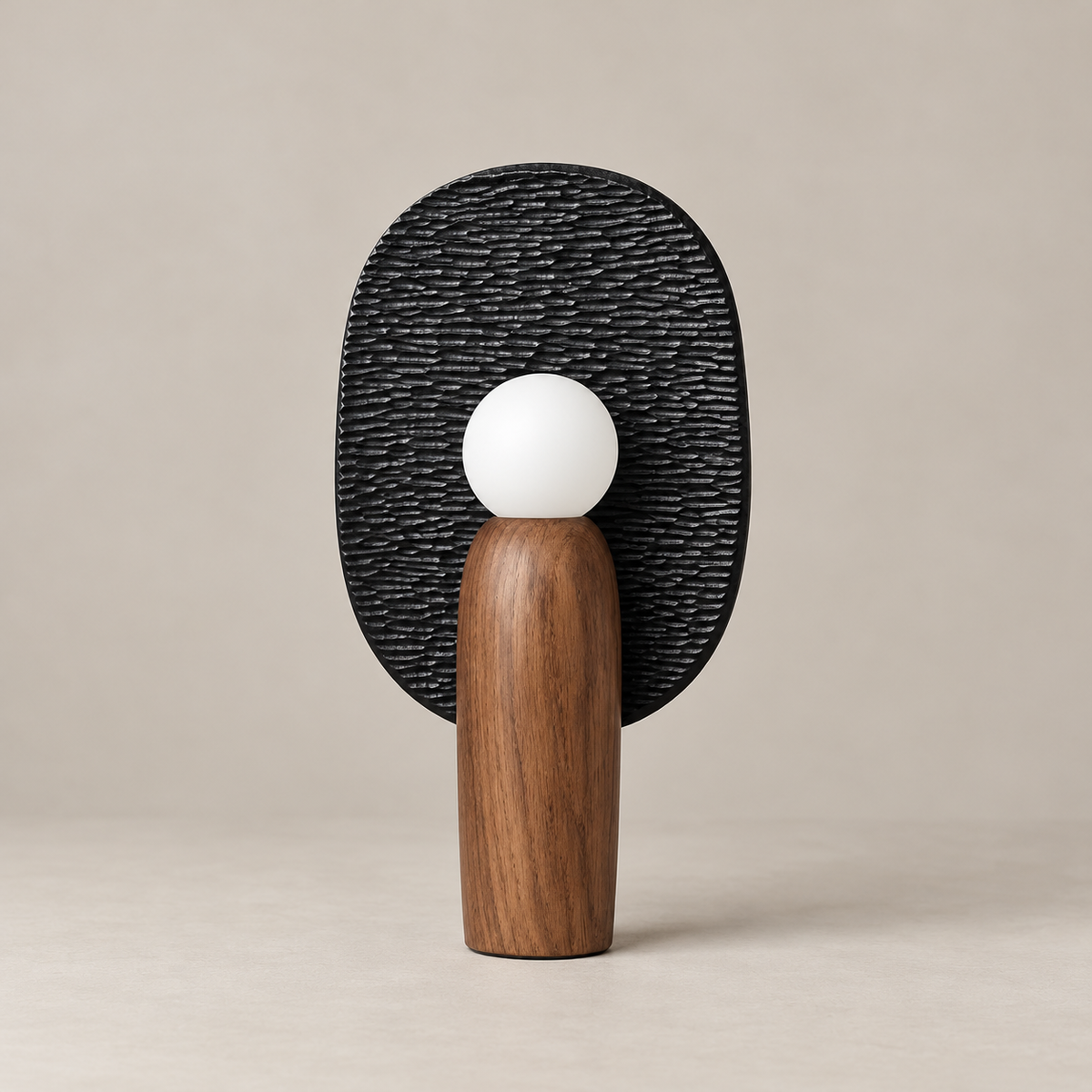 Black reflector wood table lamp switched off
