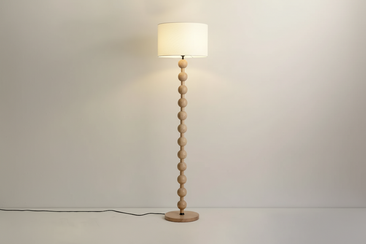 Smart Floor Lamp Wood Tone & Fabric Shade | 178cm Tall Remote App Control 2700k to 3500k Casalola Lights Luxury Lamps