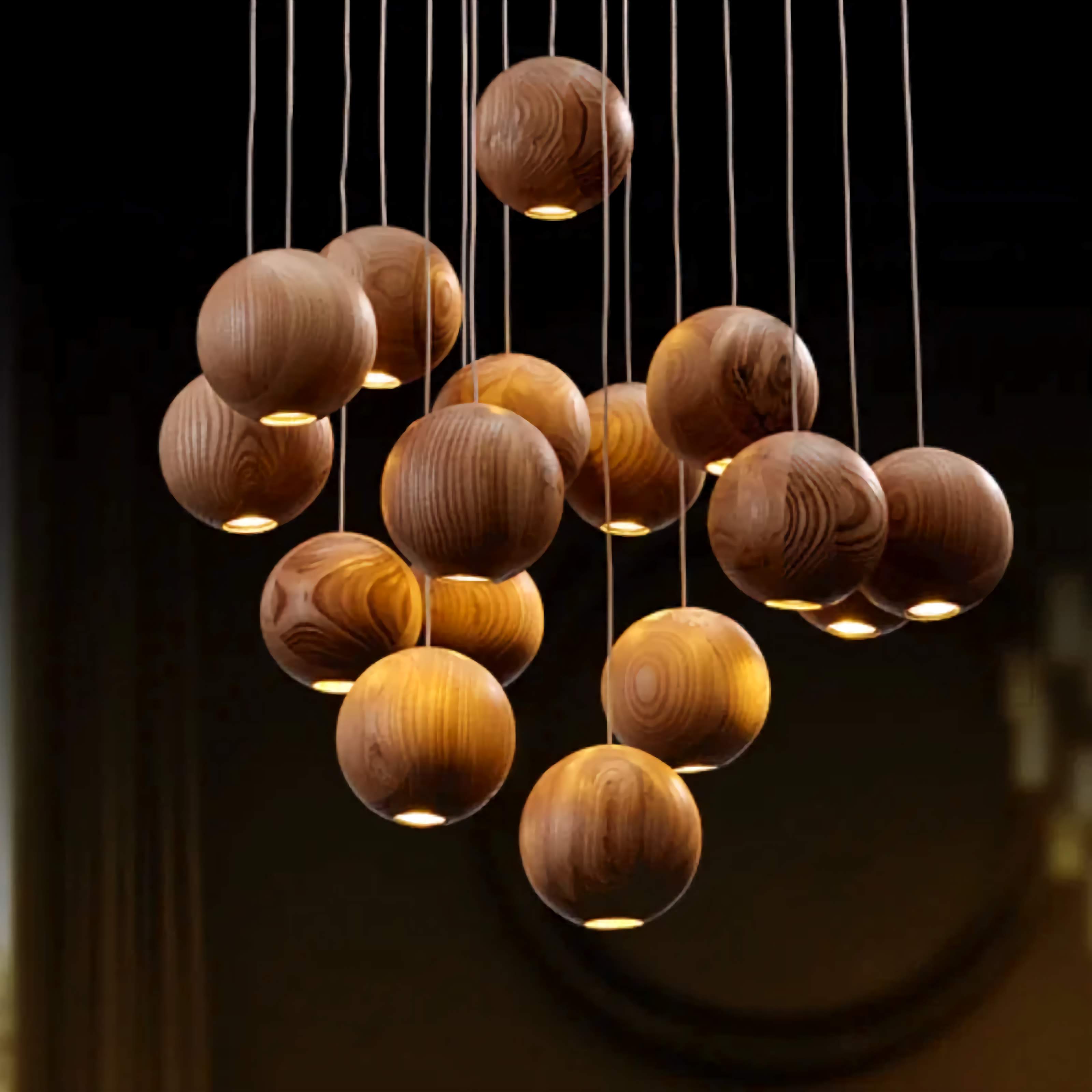 Wooden Sphere Pendant Lights for Dining Room Stairs Living