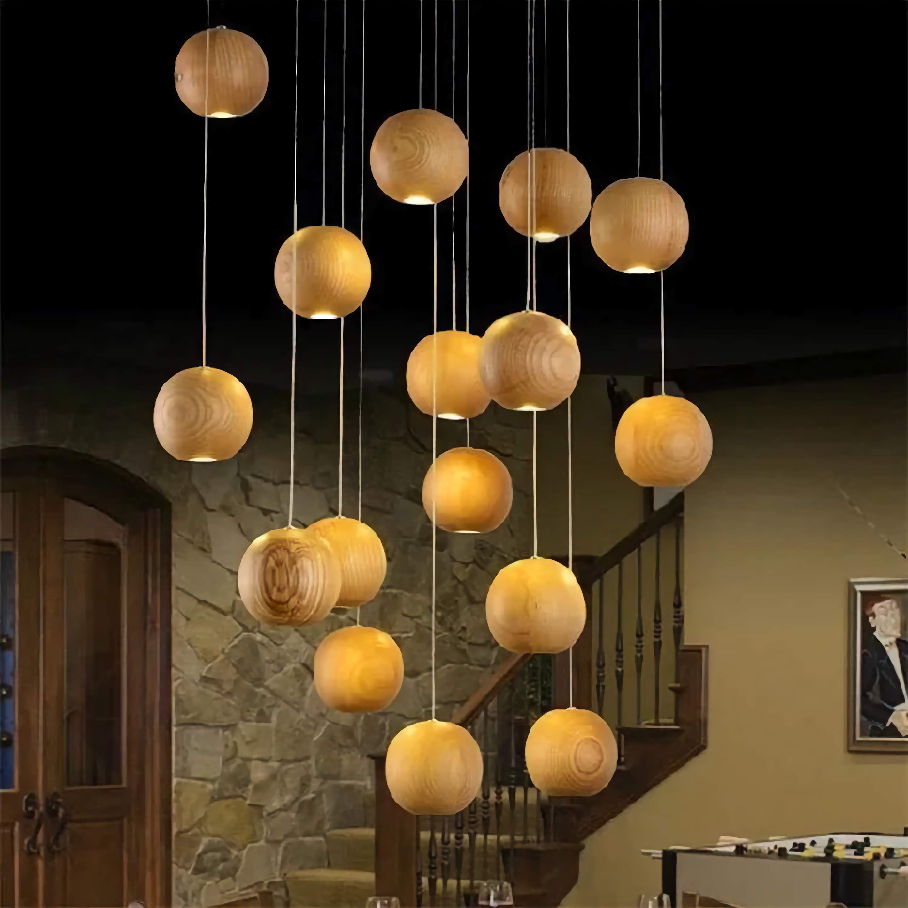 Wooden Sphere Pendant Lights for Dining Room Stairs Living