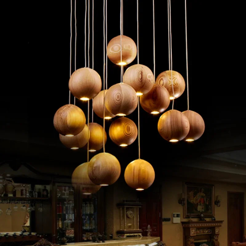 Wood Sphere Pendant Light for Staircase or Dining Table | Walnut Ash 1 to 30 Heads 10 Cm (4″) Balls Casalola Lights